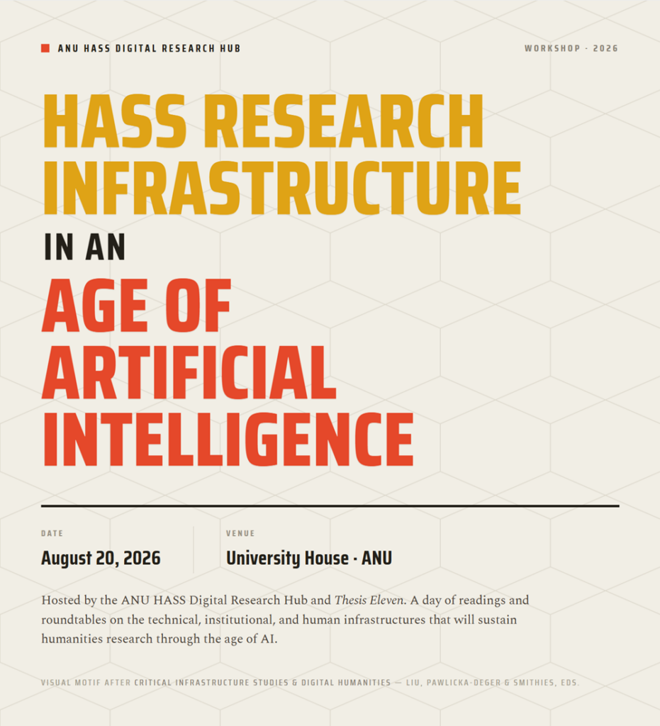 Event announcement with the text below (shown against a hex-grid background similar to that on the book over of Critical Infrastructure Studies and Digital Humanities, edited by Liu, Pawlicka-Deger, and Smithies): "HASS Research Infrastructure in an Age of Artificial Intelligence August 20, 2026 University House, Australian National University Hosts ANU HASS Digital Research Hub, ANU School of Sociology, Thesis Eleven Register for the workshop or "